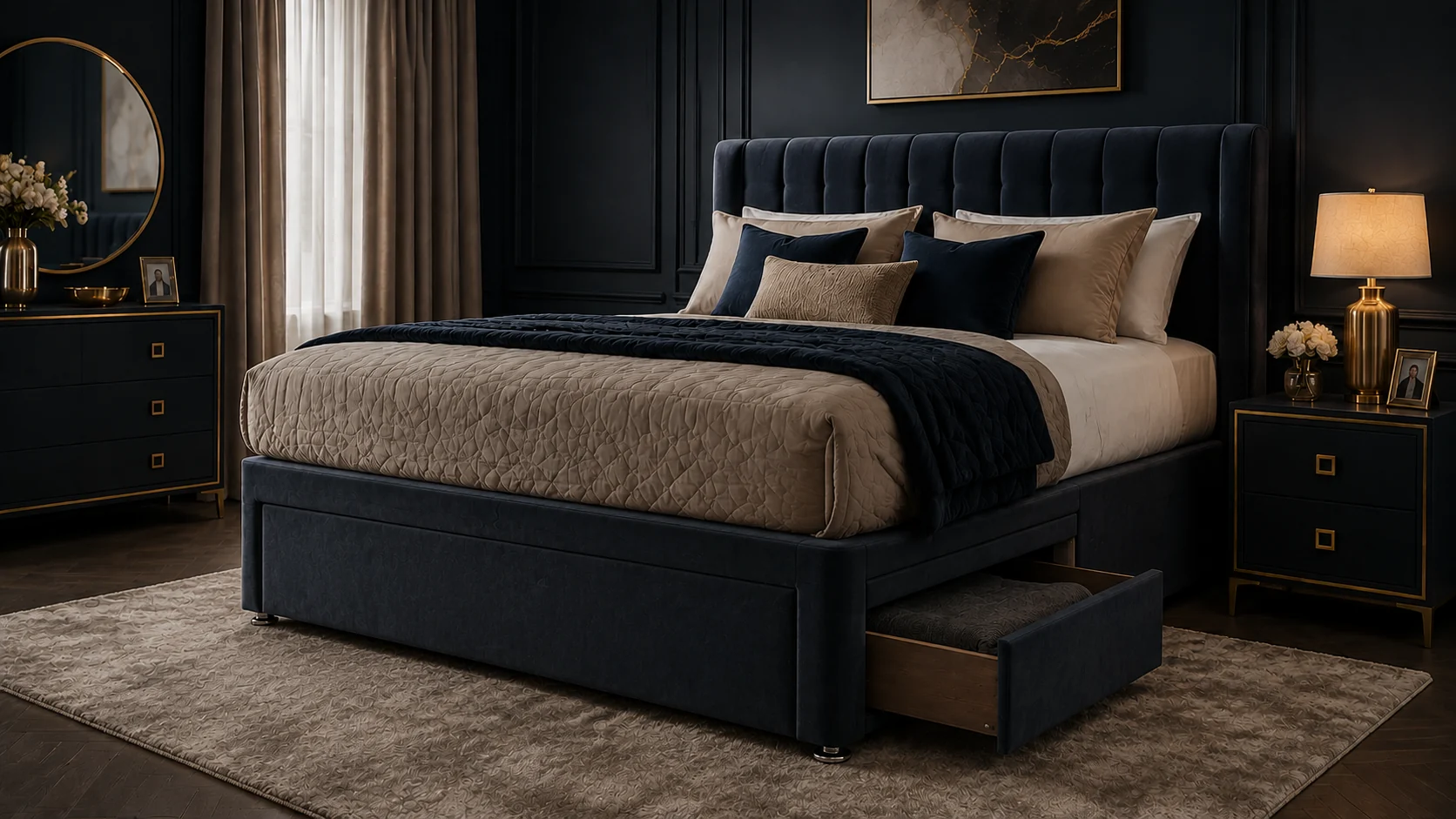 Luxury upholstered divan bed with practical side drawer storage