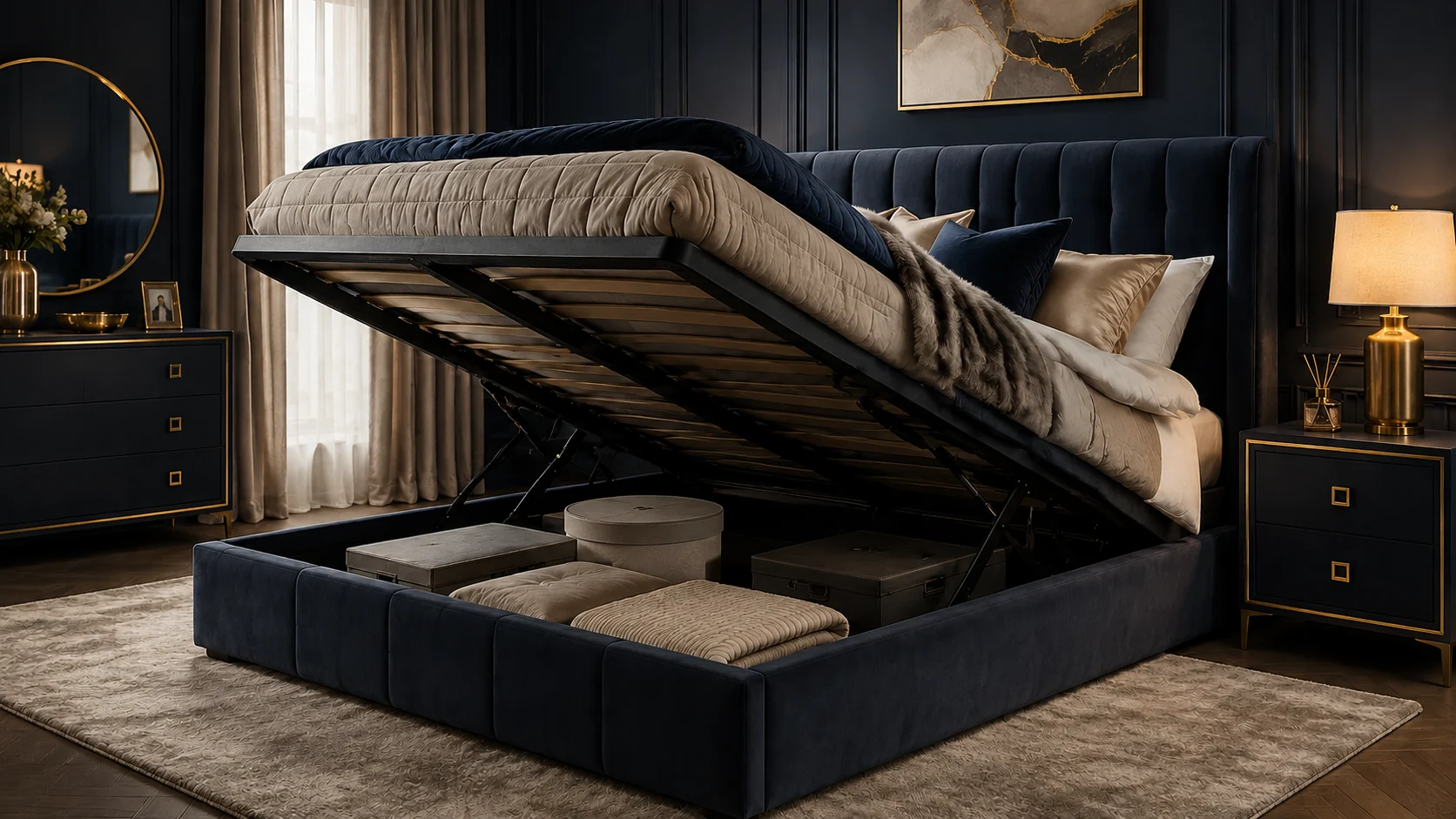 Luxury navy ottoman storage bed open to reveal the full storage area